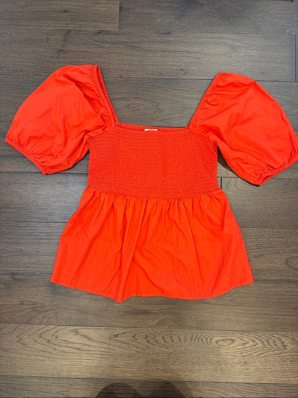 LOFT Red Puff-Sleeve Smocked Peplum Top Size XS - C75-009